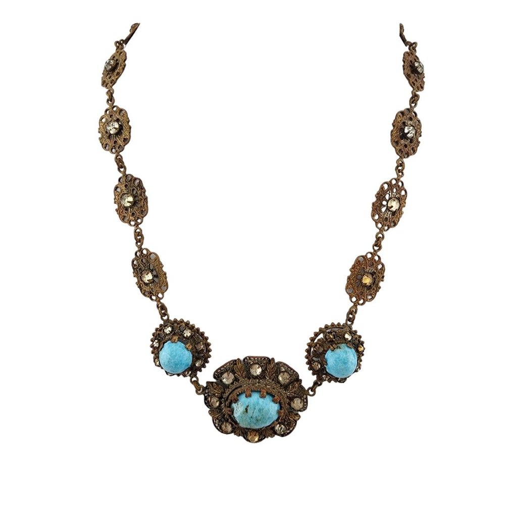 Antique Spectacular Czech Turquoise Glass & Filigree Brass Necklace (A3422)